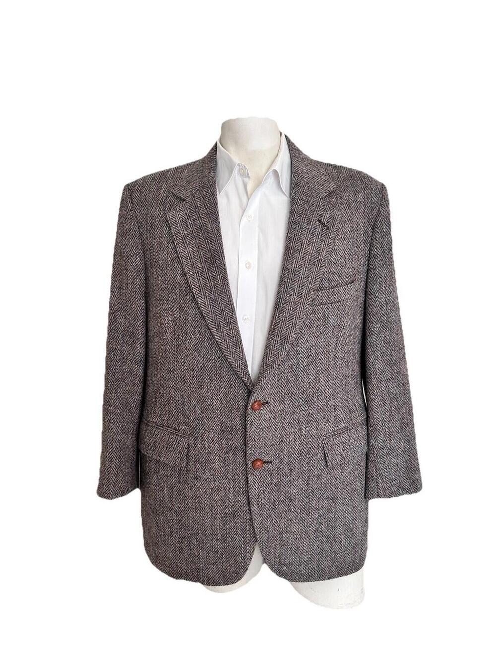 Vintage Harris Tweed Brown Herringbone Wool Blazer Jacket 44R